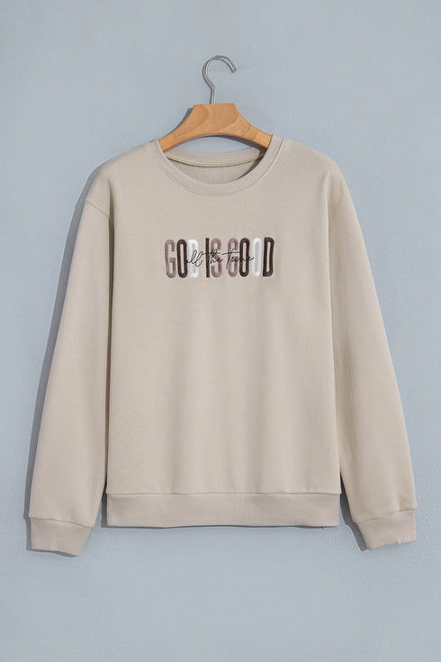 God Is Good Embroidered Western Letter Crewneck Sweatshirt