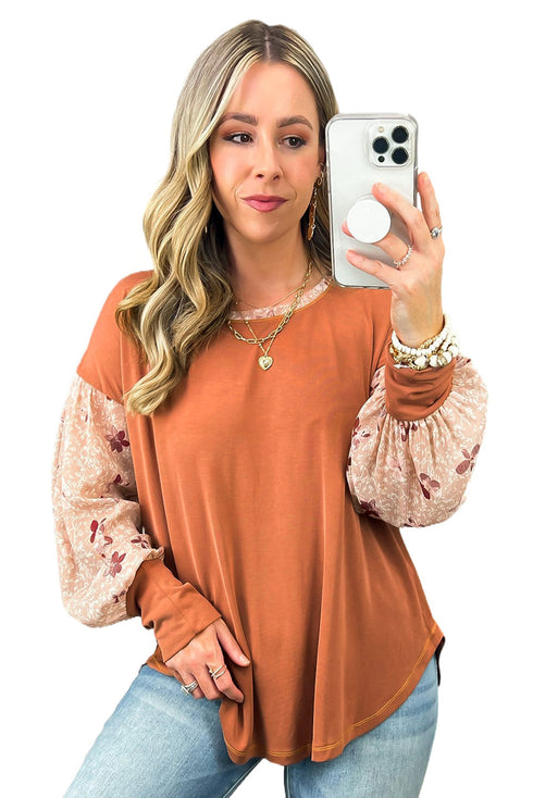 Gold Flame Floral Patchwork Puff Sleeve Filled Neck Blouse