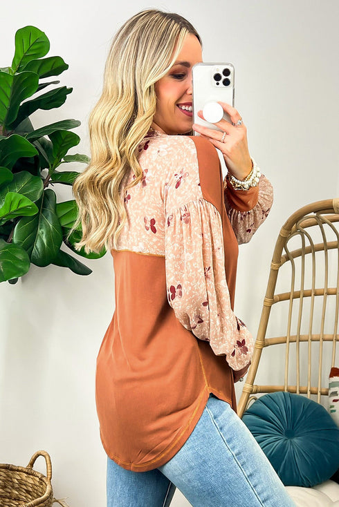 Gold Flame Floral Patchwork Puff Sleeve Filled Neck Blouse