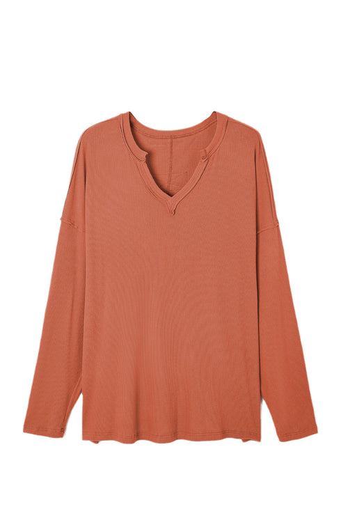 Gold Flame Plus Size Exposed Seam V Neck Long Sleeve Top