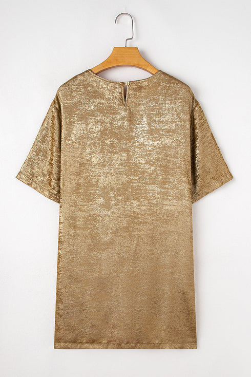 Gold Metallic Luster Crewneck Mini T-Shirt Dress