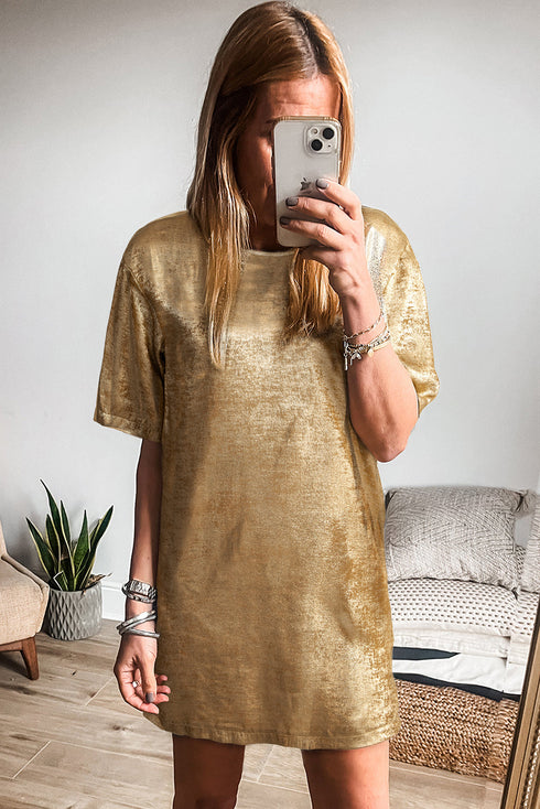 Gold Metallic Luster Crewneck Mini T-Shirt Dress