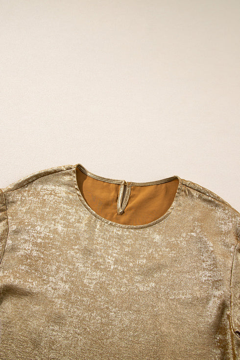 Gold Metallic Luster Crewneck Mini T-Shirt Dress