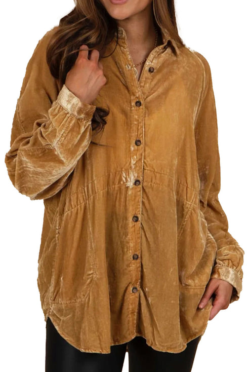 Gold Solid Color Button Up Loose Fit Velvet Shirt