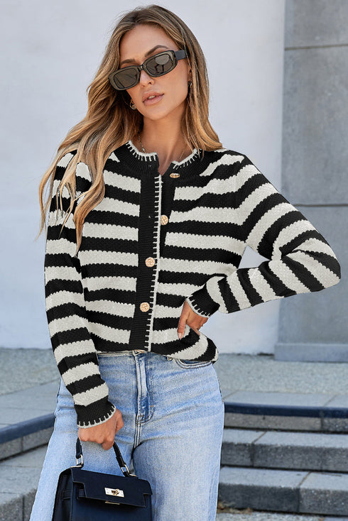 Gold-Tone Button Stripe Pattern Crew Neck Long Sleeve Knit Cardigan Sweater
