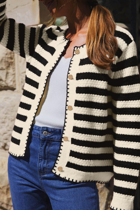 Gold-Tone Button Stripe Pattern Crew Neck Long Sleeve Knit Cardigan Sweater