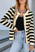 Gold-Tone Button Stripe Pattern Crew Neck Long Sleeve Knit Cardigan Sweater