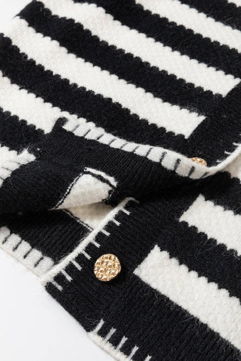 Gold-Tone Button Stripe Pattern Crew Neck Long Sleeve Knit Cardigan Sweater