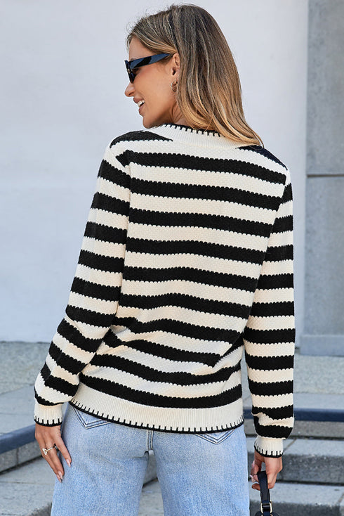 Gold-Tone Button Stripe Pattern Crew Neck Long Sleeve Knit Cardigan Sweater