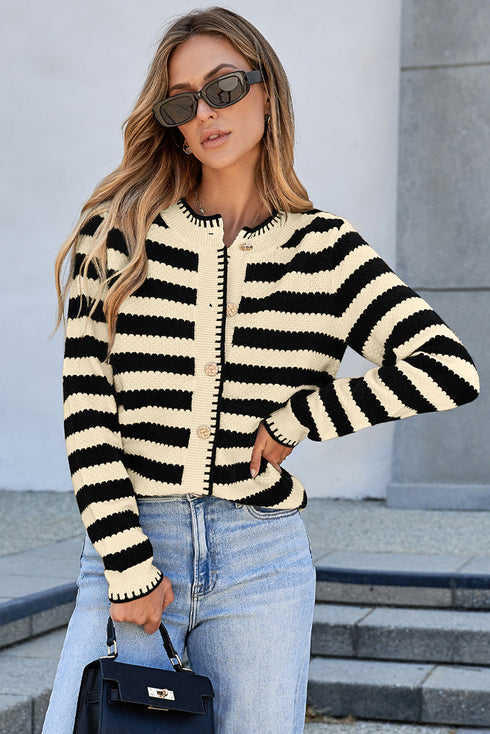 Gold-Tone Button Stripe Pattern Crew Neck Long Sleeve Knit Cardigan Sweater