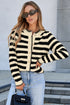 Gold-Tone Button Stripe Pattern Crew Neck Long Sleeve Knit Cardigan Sweater