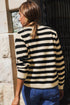 Gold-Tone Button Stripe Pattern Crew Neck Long Sleeve Knit Cardigan Sweater