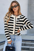 Gold-Tone Button Stripe Pattern Crew Neck Long Sleeve Knit Cardigan Sweater