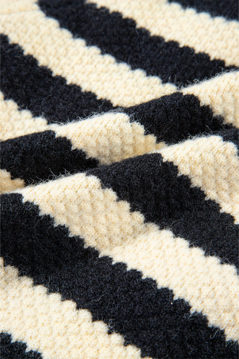 Gold-Tone Button Stripe Pattern Crew Neck Long Sleeve Knit Cardigan Sweater