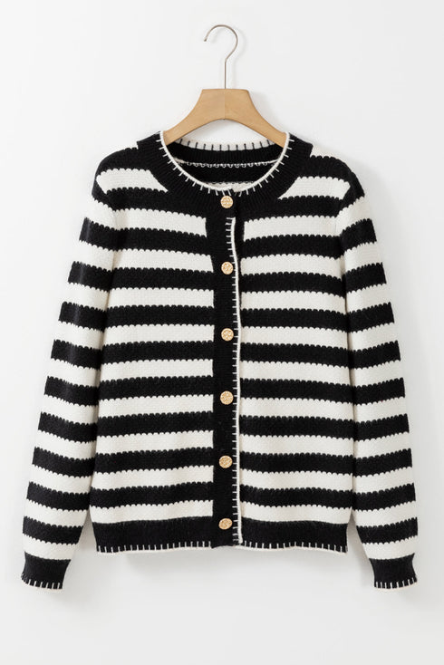 Gold-Tone Button Stripe Pattern Crew Neck Long Sleeve Knit Cardigan Sweater