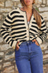Gold-Tone Button Stripe Pattern Crew Neck Long Sleeve Knit Cardigan Sweater