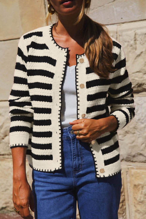 Gold-Tone Button Stripe Pattern Crew Neck Long Sleeve Knit Cardigan Sweater