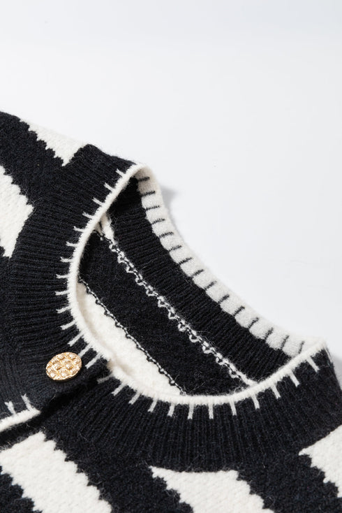 Gold-Tone Button Stripe Pattern Crew Neck Long Sleeve Knit Cardigan Sweater