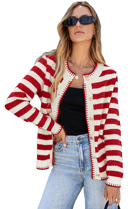 Gold-Tone Button Stripe Pattern Crew Neck Long Sleeve Knit Cardigan Sweater