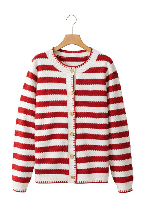 Gold-Tone Button Stripe Pattern Crew Neck Long Sleeve Knit Cardigan Sweater