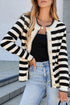 Gold-Tone Button Stripe Pattern Crew Neck Long Sleeve Knit Cardigan Sweater
