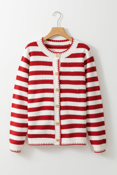 Gold-Tone Button Stripe Pattern Crew Neck Long Sleeve Knit Cardigan Sweater