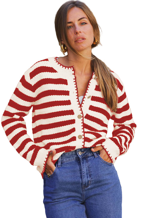 Gold-Tone Button Stripe Pattern Crew Neck Long Sleeve Knit Cardigan Sweater