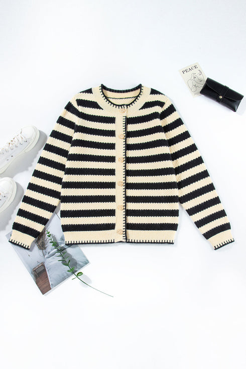 Gold-Tone Button Stripe Pattern Crew Neck Long Sleeve Knit Cardigan Sweater