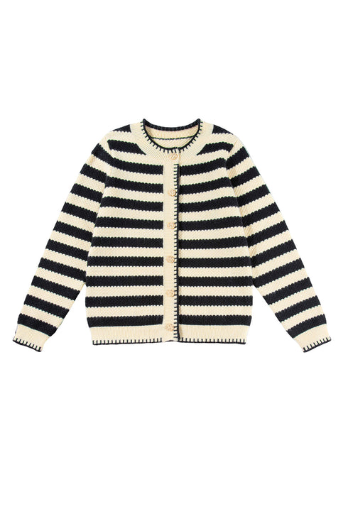 Gold-Tone Button Stripe Pattern Crew Neck Long Sleeve Knit Cardigan Sweater