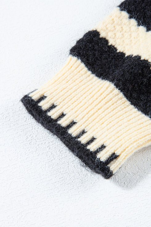 Gold-Tone Button Stripe Pattern Crew Neck Long Sleeve Knit Cardigan Sweater