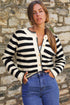 Gold-Tone Button Stripe Pattern Crew Neck Long Sleeve Knit Cardigan Sweater