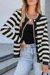 Gold-Tone Button Stripe Pattern Crew Neck Long Sleeve Knit Cardigan Sweater