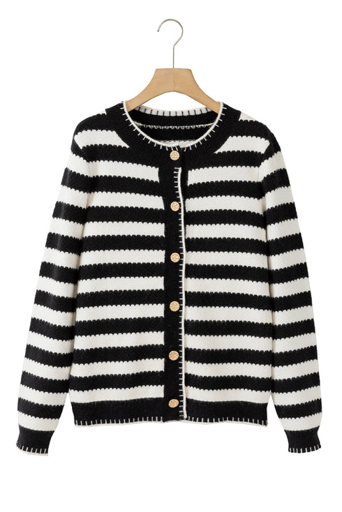 Gold-Tone Button Stripe Pattern Crew Neck Long Sleeve Knit Cardigan Sweater