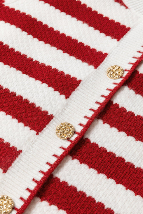 Gold-Tone Button Stripe Pattern Crew Neck Long Sleeve Knit Cardigan Sweater