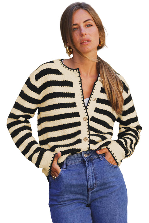Gold-Tone Button Stripe Pattern Crew Neck Long Sleeve Knit Cardigan Sweater