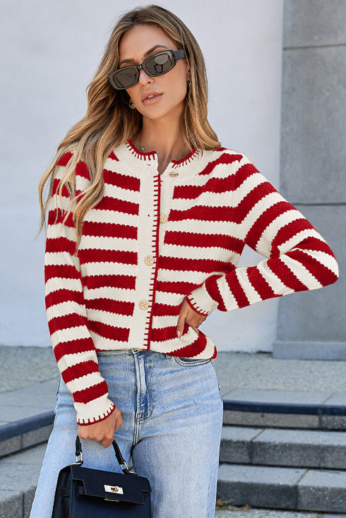 Gold-Tone Button Stripe Pattern Crew Neck Long Sleeve Knit Cardigan Sweater