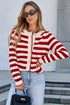 Gold-Tone Button Stripe Pattern Crew Neck Long Sleeve Knit Cardigan Sweater