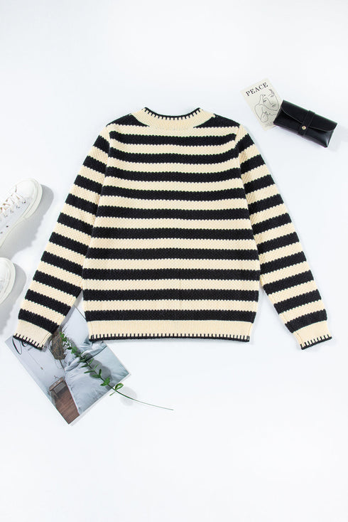 Gold-Tone Button Stripe Pattern Crew Neck Long Sleeve Knit Cardigan Sweater