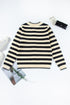 Gold-Tone Button Stripe Pattern Crew Neck Long Sleeve Knit Cardigan Sweater