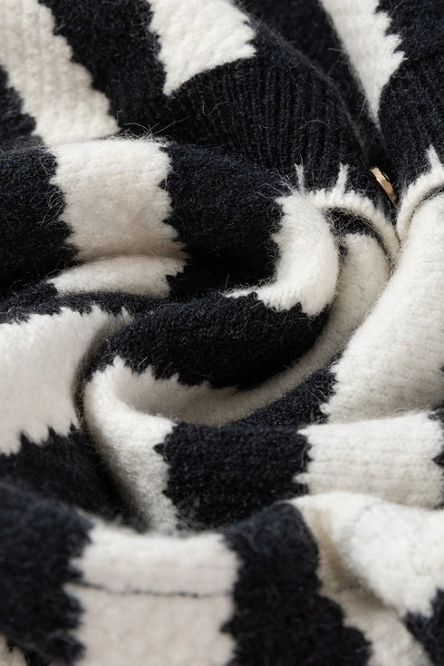 Gold-Tone Button Stripe Pattern Crew Neck Long Sleeve Knit Cardigan Sweater