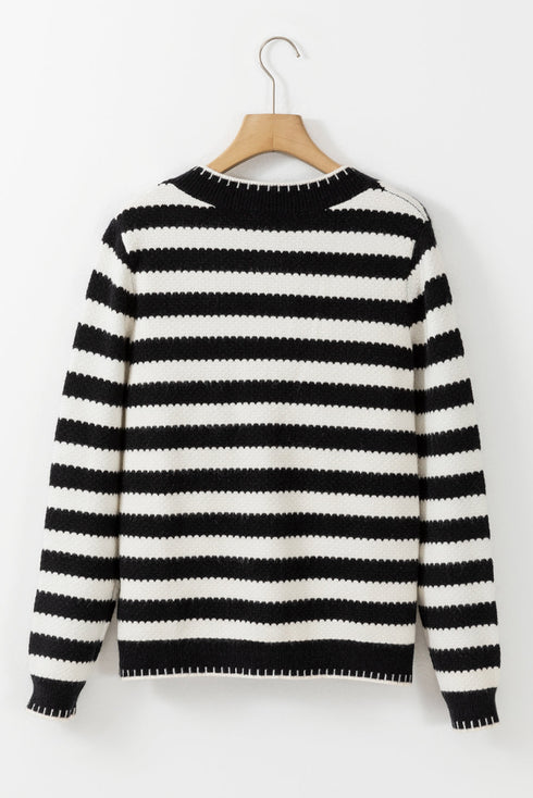 Gold-Tone Button Stripe Pattern Crew Neck Long Sleeve Knit Cardigan Sweater