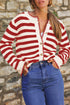 Gold-Tone Button Stripe Pattern Crew Neck Long Sleeve Knit Cardigan Sweater
