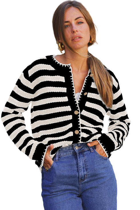 Gold-Tone Button Stripe Pattern Crew Neck Long Sleeve Knit Cardigan Sweater