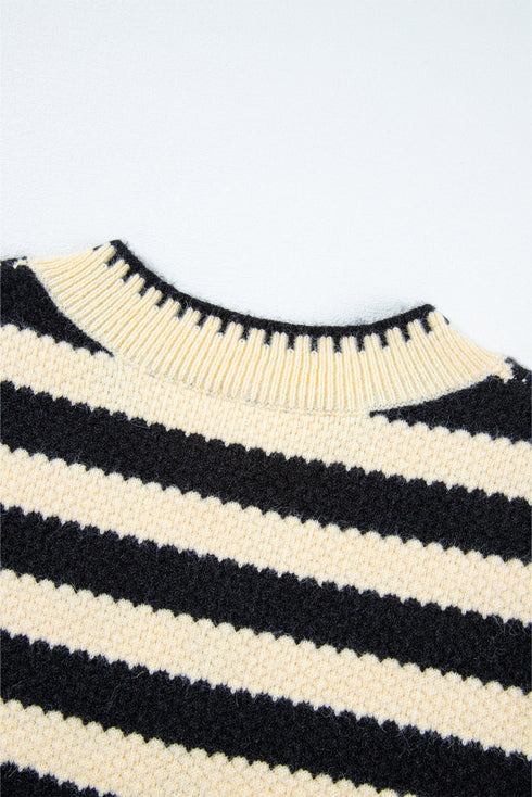 Gold-Tone Button Stripe Pattern Crew Neck Long Sleeve Knit Cardigan Sweater