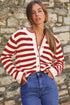 Gold-Tone Button Stripe Pattern Crew Neck Long Sleeve Knit Cardigan Sweater