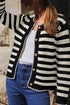 Gold-Tone Button Stripe Pattern Crew Neck Long Sleeve Knit Cardigan Sweater