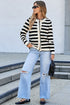 Gold-Tone Button Stripe Pattern Crew Neck Long Sleeve Knit Cardigan Sweater