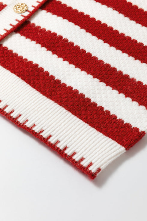 Gold-Tone Button Stripe Pattern Crew Neck Long Sleeve Knit Cardigan Sweater