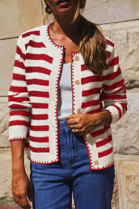 Gold-Tone Button Stripe Pattern Crew Neck Long Sleeve Knit Cardigan Sweater