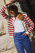 Gold-Tone Button Stripe Pattern Crew Neck Long Sleeve Knit Cardigan Sweater